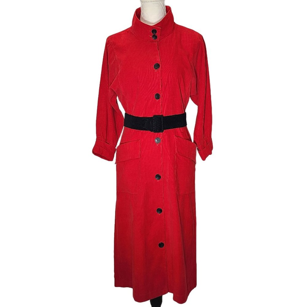 Vintage, Red Corduroy, Long Sleeve Belted Midi Dress. Size 10